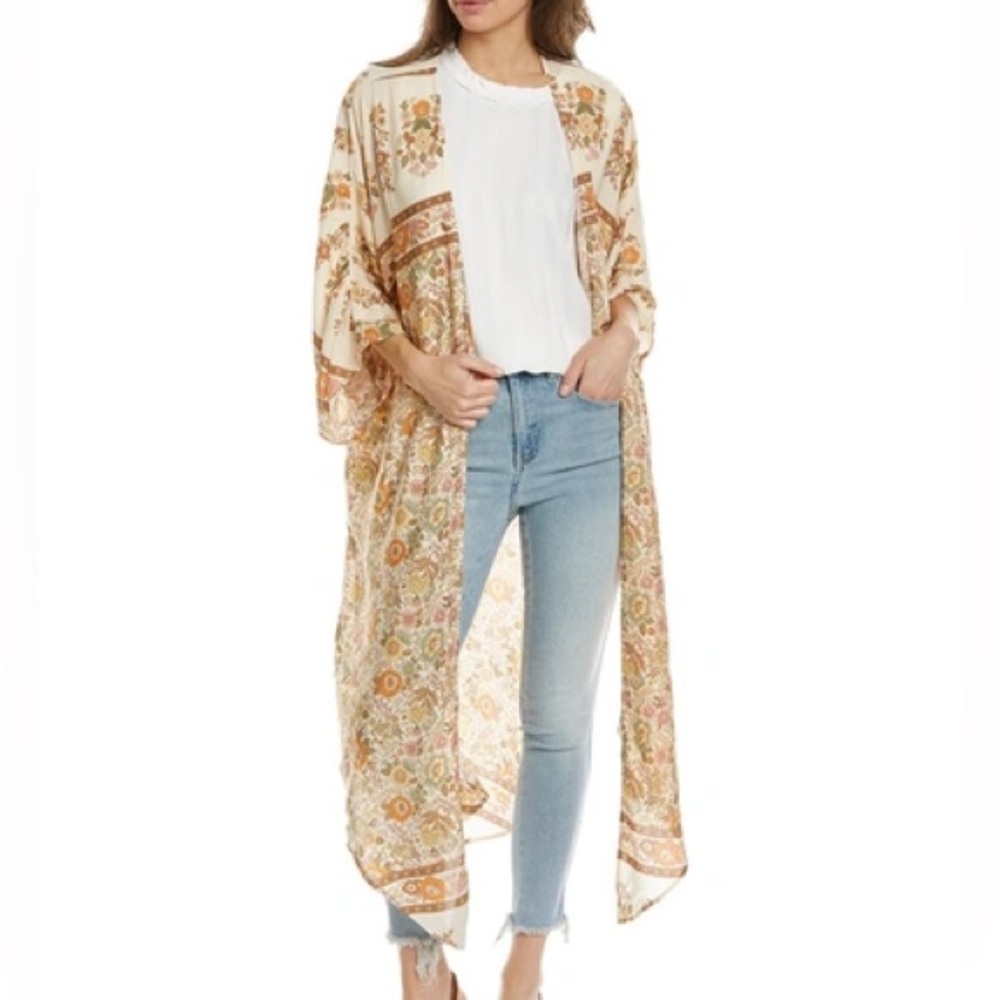 NWT Traffic People Duster Cardigan Floral Long Sleeve Open Front Brown Size XS